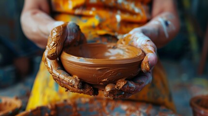 Wall Mural - Explore the art of creation as hands meticulously shape a pottery piece with clay in this close-up shot.