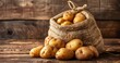 Ripe Potatoes Arranged in Burlap Bag on Wooden Background