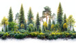 Green tree border. Forest foliage and coniferous plants in row. Mixed wood panorama with stylized fir, poplar trunks and crowns. Flat vector illustration of woodland isolated on white background.