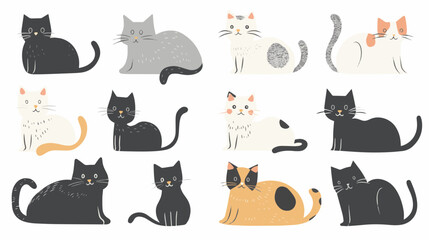  Hand drawn abstract cats, kitten, flat icons set. Color isolated illustrations. 