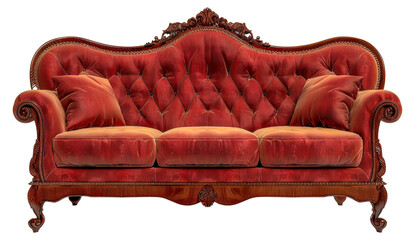 Wall Mural - A red couch with three cushions and a wooden frame, cut out - stock png.