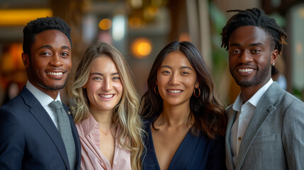 Wall Mural - small group of young professional business people smiling confidently in formal attire representing teamwork and inclusivity with different ethnicity,generative ai