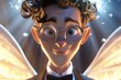 Close-up of Cupid in 3D, chic glasses and a tailored tuxedo, exuding charisma and charm, with a soft glow around