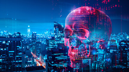 Abstract virtual code skull illustration on San Francisco skyline background. 