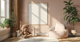 Fototapeta Boho - Mock-Up Frame in Children's Room with Natural Wooden Furniture
