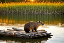 A Brown Bear Standing On A Log In The Middle Of A Lake At Sunset.