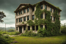 An Old, Abandoned Building With Overgrown Ivy Covering The Walls And Windows.