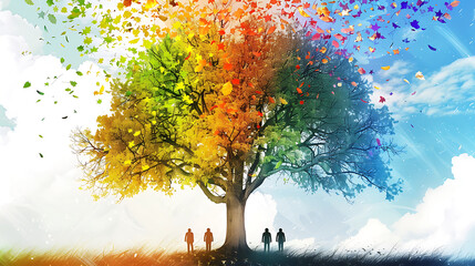 Wall Mural - a stylized, colorful tree undergoing the seasonal transition from summer to autumn.