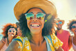 Outdoor summer party black girl with sunglasses and hat and happy friends