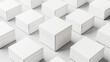 An array of uniform white 3D cubes arranged in a staggered pattern on a white background, creating a grid-like structure.
