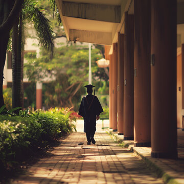 Graduate Walking on Campus Pathway Surrounded by Greenery