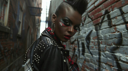 In a dimly lit alleyway a fierce black woman gazes straight at the camera unapologetically flaunting her punk revival ensemble. She pairs a studded leather jacket with a plaid skirt .