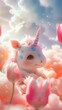 In a delightful moment, an anime-style chubby white baby unicorn with blue dots gazes sweetly amidst pastel clouds. Minimalistic tulips add a playful accent, creating a scene brimming with cuteness 