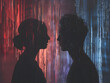 A man and woman are silhouetted against a backdrop of red and blue lights. Scene is romantic and intimate, as the two people are close together and the lighting emphasizes their silhouettes