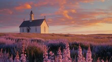 Tranquil Chapel Among Lavender Fields At Dusk - A Serene Image Capturing A Small Chapel Set Amidst Sprawling Lavender Fields Under A Stunning Sunset Sky