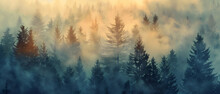 A Forest With Trees Covered In Mist. The Trees Are Tall And The Mist Is Thick, Creating A Serene And Peaceful Atmosphere