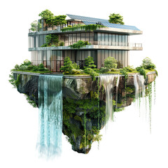 Wall Mural - 3d illustration modern building facade floating with beautiful landscape waterfalls forest island, Flying land, isolated on white background, png