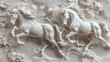 3D carved from marble horses running, with flowers and leaves on the background