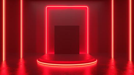 Poster - Square podium with red neon light on the way background. Generative Ai