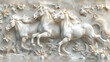 3D carved from marble horses running, with flowers and leaves on the background