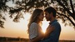 Couple, hug outdoor and calm with love and support, date for bonding and time together. Sunset, nature and people with peace and fresh air, loyalty and commitment with trust, affection and embrace