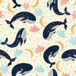 whale seamless pattern in flat vector