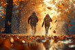 Two people walking through a park in autumn, with golden leaves swirling in the air, bathed in the warm glow of sunlight