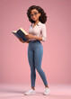© vian - A cheerful young businesswoman teacher or office professional standing confidently, clutching a folder of work documents, depicted in a 3D vector illustration portraying a minimalist cartoon style.
