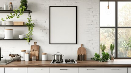 Wall Mural - Mock up poster frame in kitchen interior, Farmhouse style, 3d render. Background for business