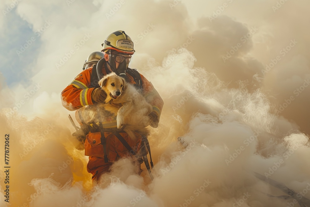 A firefighter holding a dog in a cloud of smoke, symbolizing a rescue ...