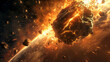 Fiery Asteroid Impact in Space with Glowing Fragments and Debris..
