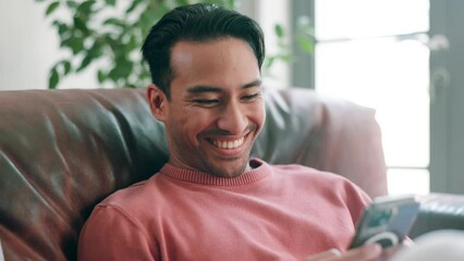 Poster - Phone, smile and man on sofa at his home networking on social media, mobile app or internet. Happy, typing and male person scroll on cellphone with online website in living room at modern apartment.