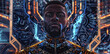 In this portrait a regal black man with a commanding presence is depicted against a backdrop of otherworldly technology and architecture. His intricately designed suit is a fusion .