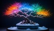 An ice bonsai in a parallel universe, adorned with brilliant incandescent colors, with lightning bolts around it.