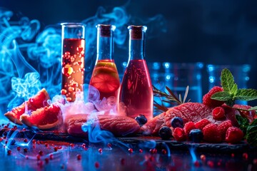 A table with three glass bottles, a glass of water, and a plate of fruit. The bottles are filled with different colored liquids, and the fruit is arranged on a black surface