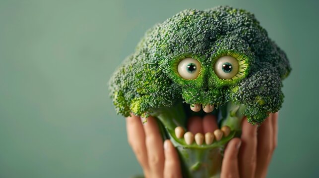 Person Holding Broccoli With Mouth Open