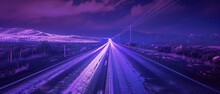 Deserted Road With Purple Spotlights That Exude Dynamism And Speed.
