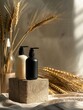 product photography, shampoo products placed on a textured geometric stand, barley, minimalist style