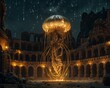 Bronze sculpture of a jellyfish in the center of an archaic arena Starry Nights twinkling aboveblender