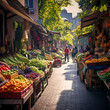 A vibrant street market with fresh fruits and vegetables