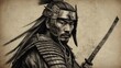 Japanese samurai in armour, carrying a sword, monochrome, realistic canvas painting style, turning his head to the right, half body, made with AI