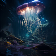 Poster - Bioluminescent jellyfish in an underwater cave.