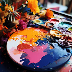 Wall Mural - Close-up of a painters palette with vibrant splatters