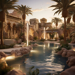 Canvas Print - Desert oasis with a magical fountain.