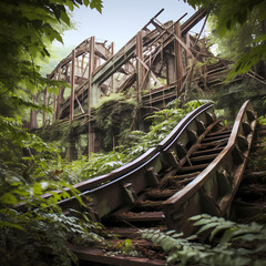 Poster - Deserted roller coaster in an overgrown amusement park