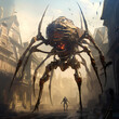 Giant robotic spider in a steampunk city.
