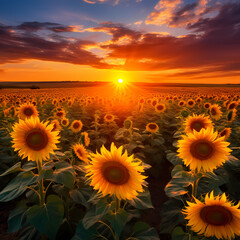 Canvas Print - Sunflowers in a golden field at sunset. 