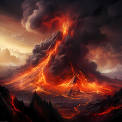 Poster - Volcanic eruption with molten lava flows. 