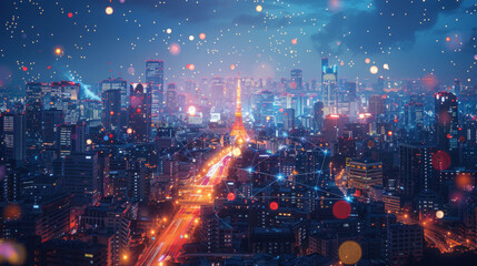 Wall Mural - Modern city with wireless network connection and city scape concept. Wireless network and Connection technology concept with city background at night.