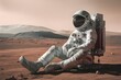 Chilled astronaut relaxing on Mars planet surface, contemplating space exploration